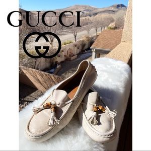 Authentic GUCCI Leather Loafers  Bamboo Tassels bone beige créame 39 slip on